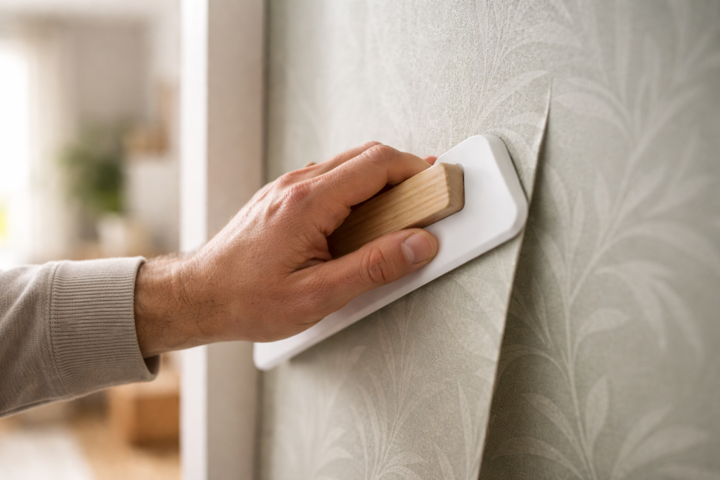 [light] Mission-/værdibillede: et enkelt, symbolsk foto af en hånd, der glatter nyt tapet på en væg, med fokus på detaljen og følelsen af at skabe noget selv og spare penge.