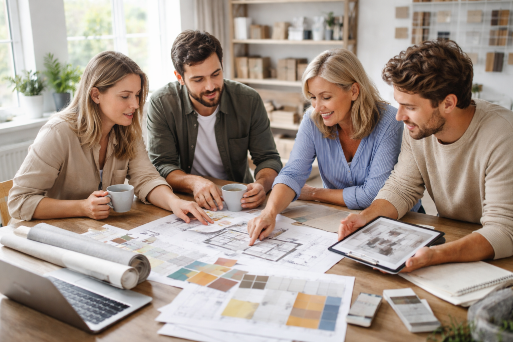 [light] Billede til 'Om os': et lille uformelt team omkring et bord med farveprøver, tapetruller og skitser, som arbejder med boligidéer og gør-det-selv guides i et lyst kontor-/studierum.