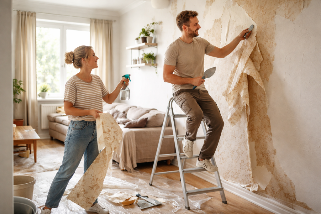 [light] Stemningsbillede: en dansk familie eller et par, der en afslappet weekenddag arbejder sammen på et lille renoveringsprojekt i stuen, med fokus på hygge og fællesskab.