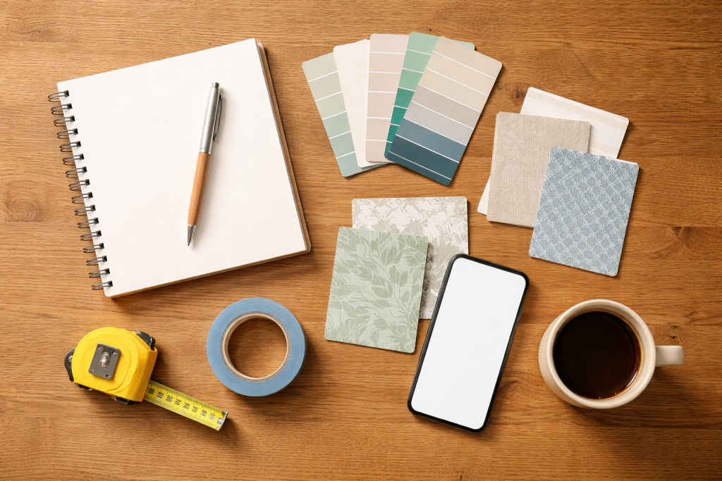 [light] Standard blogheader: et fladt layflat-setup på et bord med blok, målebånd, farvekort, tapetprøver og en kop kaffe, som signalerer planlægning af gør-det-selv projekter.