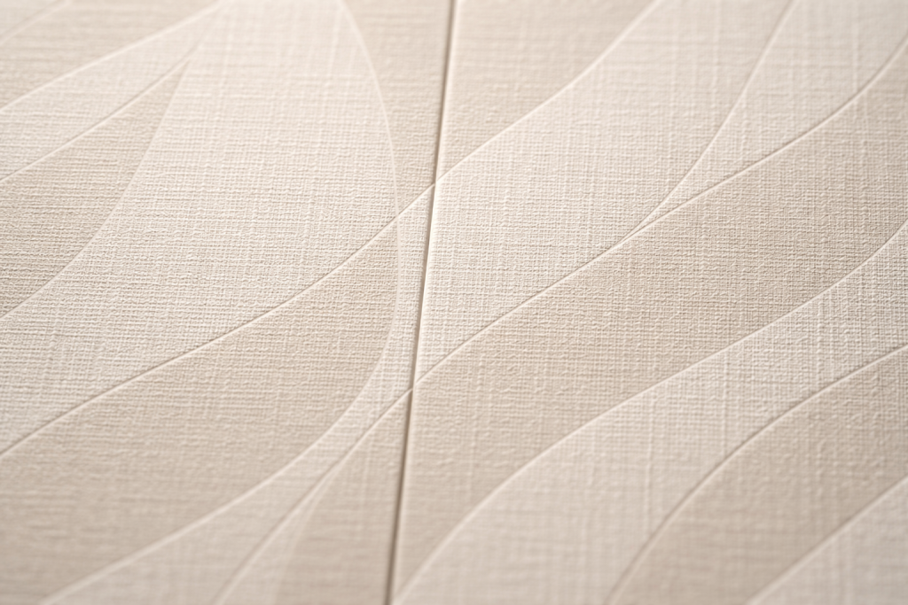 [light] Detaljebillede: et tæt på skud af tapets struktur og samling mellem to baner, der viser kvalitet, mønsterpasning og håndværk.