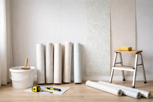 [light] Servicebillede til tapetguides: et opstillede men naturligt DIY-setup med tapetruller, limspand, værktøj og en begyndt væg, der illustrerer trin-for-trin tapetsering.