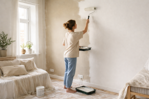 [light] Servicebillede til maling og vægfornyelse: en person, der maler en væg i en mindre lejlighed, med fokus på før-efter kontrast og enkle, billige løsninger.