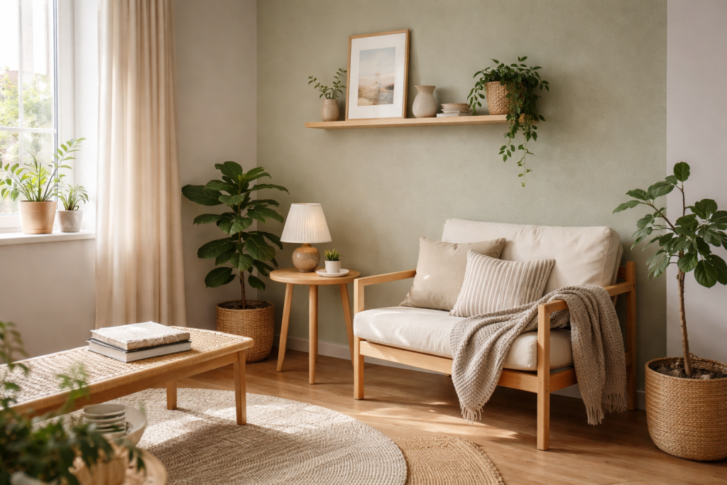 [light] Servicebillede til små boligprojekter og makeover-idéer: et før-efter inspireret hjørne med dekorativ væg, planter og simple møbler, der viser hvor meget lidt kan gøre.