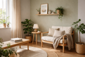 [light] Servicebillede til små boligprojekter og makeover-idéer: et før-efter inspireret hjørne med dekorativ væg, planter og simple møbler, der viser hvor meget lidt kan gøre.