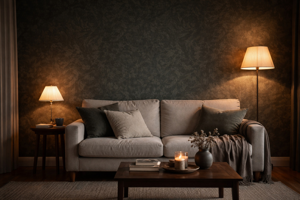 [dark] Baggrund til testimonials: en rolig, let mørk og hyggelig stue med flot tapetseret væg og blød belysning, hvor der er god plads til hvid tekst ovenpå.